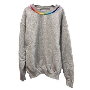 Girls Grey crewneck sweatshirt with rainbow stitching at neck and cuff